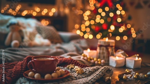 Wallpaper Mural A warm, inviting image of a cozy Christmas evening indoors. The focus is on a steaming cup of hot beverage on a plate with cookies, nestled within a soft, knitted blanket. The background showcases a b Torontodigital.ca