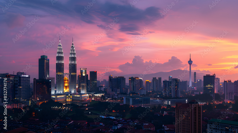 Obraz premium The impressive skyline of Kuala Lumpur at twilight featuring the iconic Petronas Twin Towers.