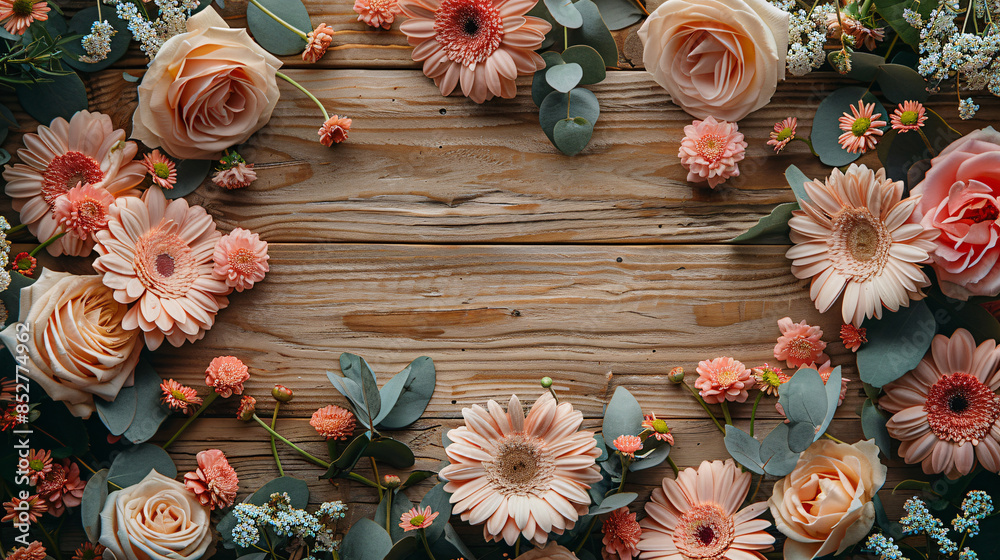 Creative event invitation mockup on a wooden board, featuring floral decorations and modern typography Creative event invitation mockup on a wooden board, featuring floral decorations and modern typography
