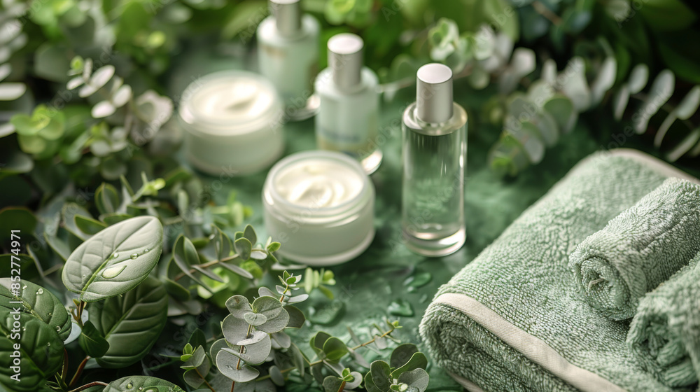 White cosmetic bottles, eucalyptus flowers, towels, soap on green background. Top view, flat lay. Natural organic beauty product concept. Spa, skin care, body treatment White cosmetic bottles, eucalyptus flowers, towels, soap on green background. Top view, flat lay. Natural organic beauty product concept. Spa, skin care, body treatment