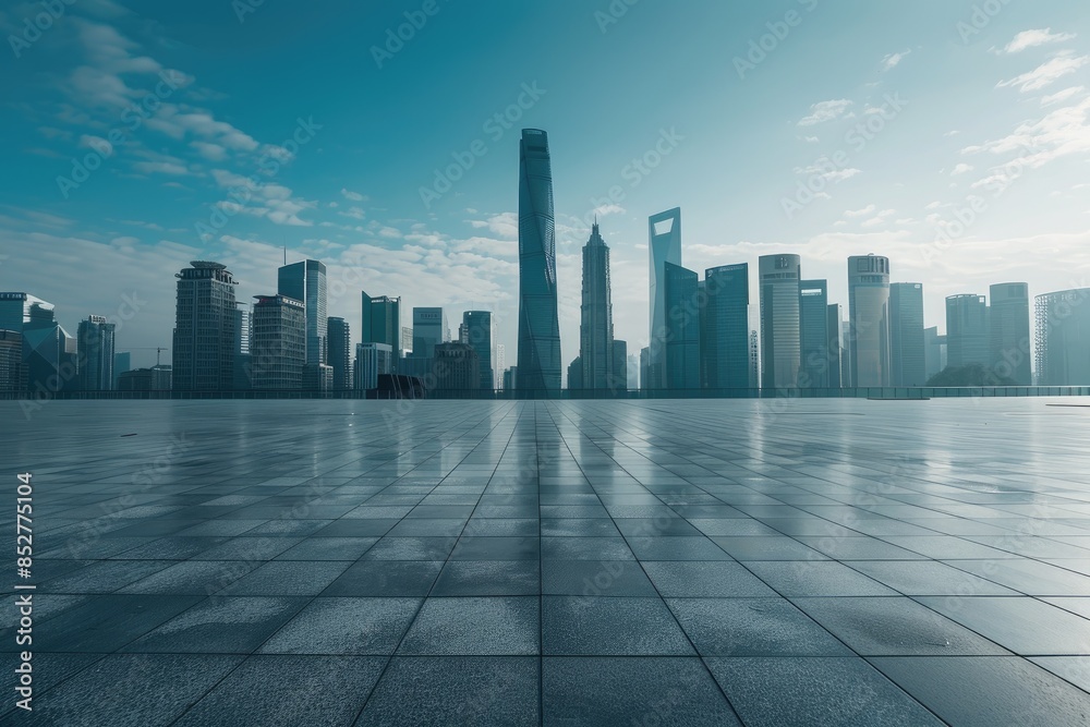 Empty city square floor with a skyline scenery Empty city square floor with a skyline scenery
