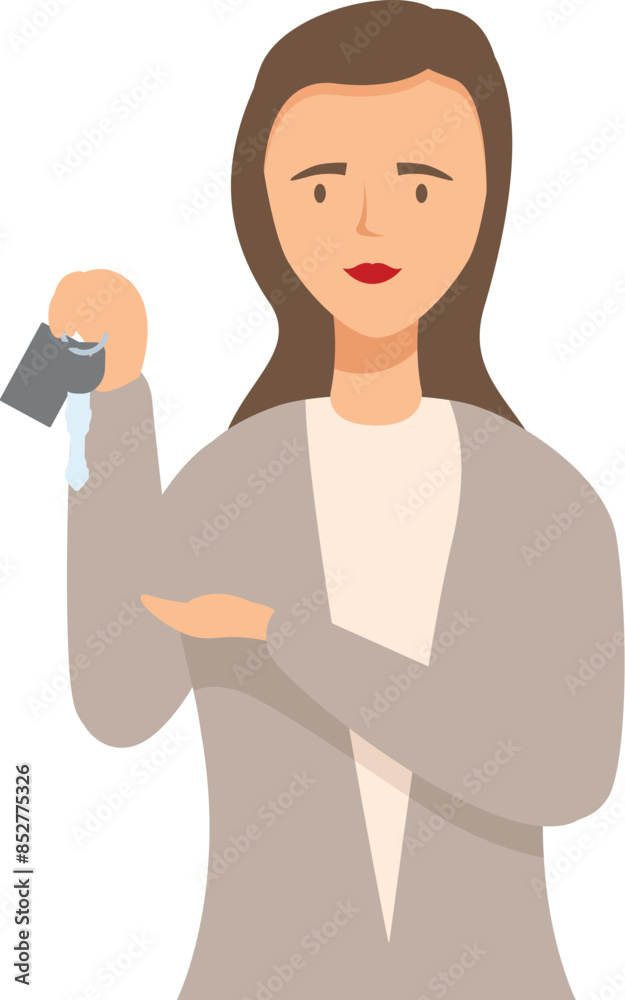 Real estate agent holding keys and gesturing with hand