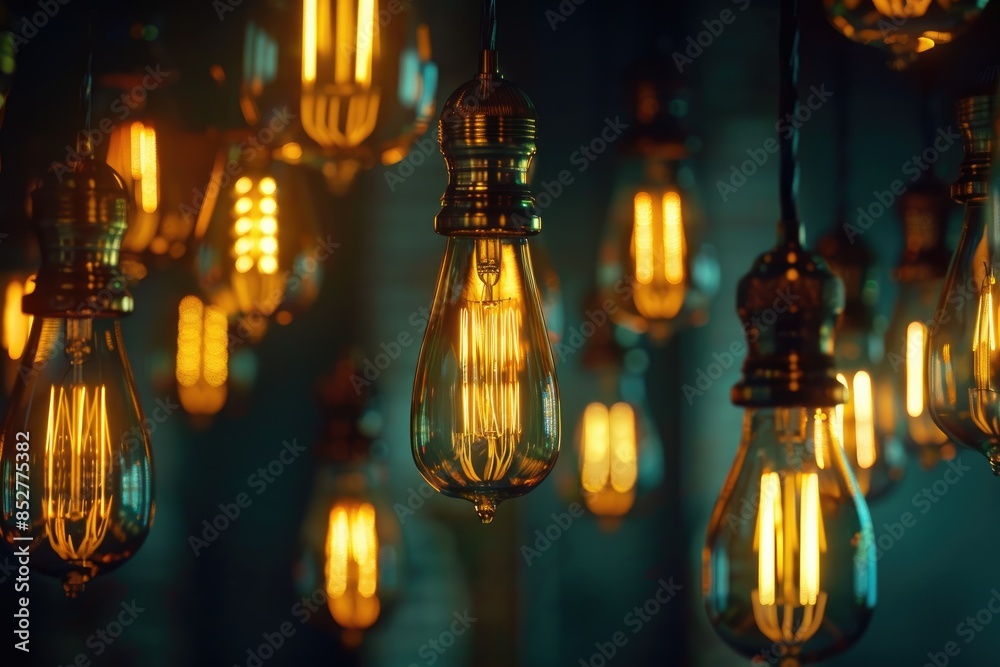 Decorative antique pendant light bulbs. A lot of not particularly bright lamps against a dark background. Decorative antique pendant light bulbs. A lot of not particularly bright lamps against a dark background.
