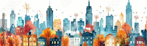 This watercolor illustration depicts a cityscape with tall buildings and vibrant fall foliage. The scene is filled with small details, including fireworks exploding in the sky, birds flying, and a whi photo