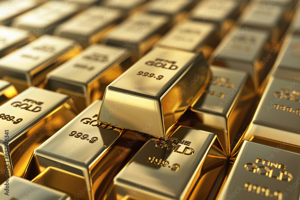 Stack of gold bars with text 999.9 fine gold Stack of gold bars with text 999.9 fine gold