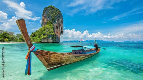 Traditional wooden boat on turquoise sea with rocky island background. This image shows clear tropical waters and blue skies. Perfect for travel photography and relaxation themes. AI photo