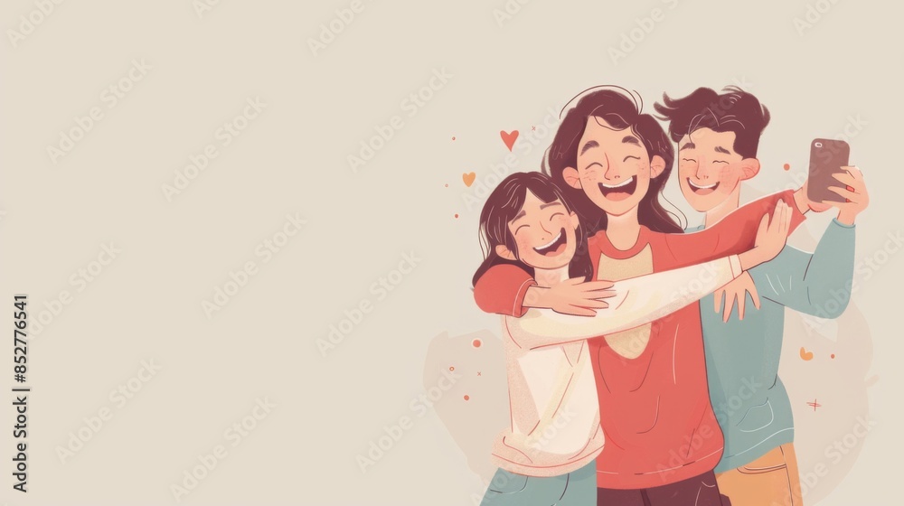 Flat illustration. Happy international friendship day greeting card. A group of friends takes a selfie. Horizontal banner, free space for text Flat illustration. Happy international friendship day greeting card. A group of friends takes a selfie. Horizontal banner, free space for text