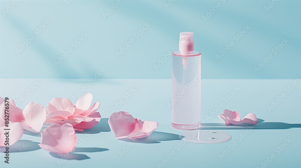 A bottle of toner with petals on each side on a pastel blue background with light pink accents.