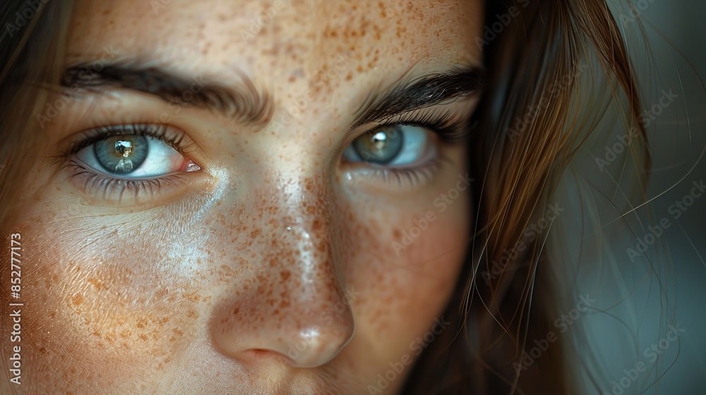 A close-up portrait of a womans face, featuring her green eyes and freckles A close-up portrait of a womans face, featuring her green eyes and freckles