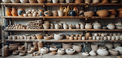 Shelves in an art studio filled with unglazed clay pots and ceramic pieces, showcasing the raw beauty and creative process of ceramic art.