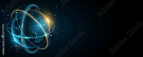 Futuristic planet Earth with digital glowing map of dots. Abstract rings in the orbit with stars on dark background. Global communication system. Vector illustration. EPS 10.