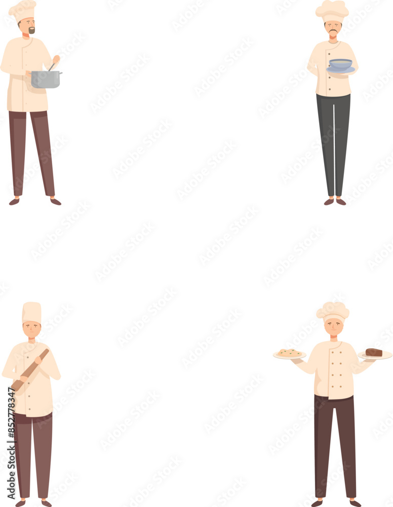 Professional chef characters in culinary industry with expertise in cooking. Baking. And food preparation. Depicted in a set of animated illustrations wearing kitchen uniforms and using utensils. Pots Professional chef characters in culinary industry with expertise in cooking. Baking. And food preparation. Depicted in a set of animated illustrations wearing kitchen uniforms and using utensils. Pots