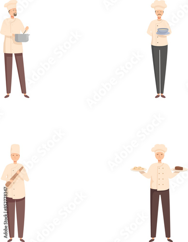Professional chef characters in culinary industry with expertise in cooking. Baking. And food preparation. Depicted in a set of animated illustrations wearing kitchen uniforms and using utensils. Pots