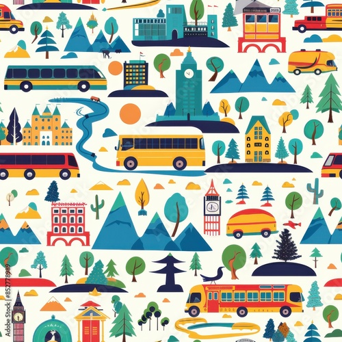 A vibrant, cheerful pattern depicting a cityscape with buses, buildings, mountains, and other elements. The illustration features a variety of colors, shapes, and sizes, creating a whimsical and playf