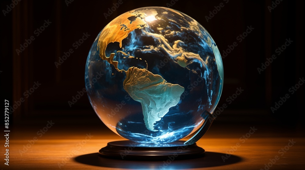 Illuminated Crystal Globe Displaying Earth's Continents and Oceans Illuminated Crystal Globe Displaying Earth's Continents and Oceans