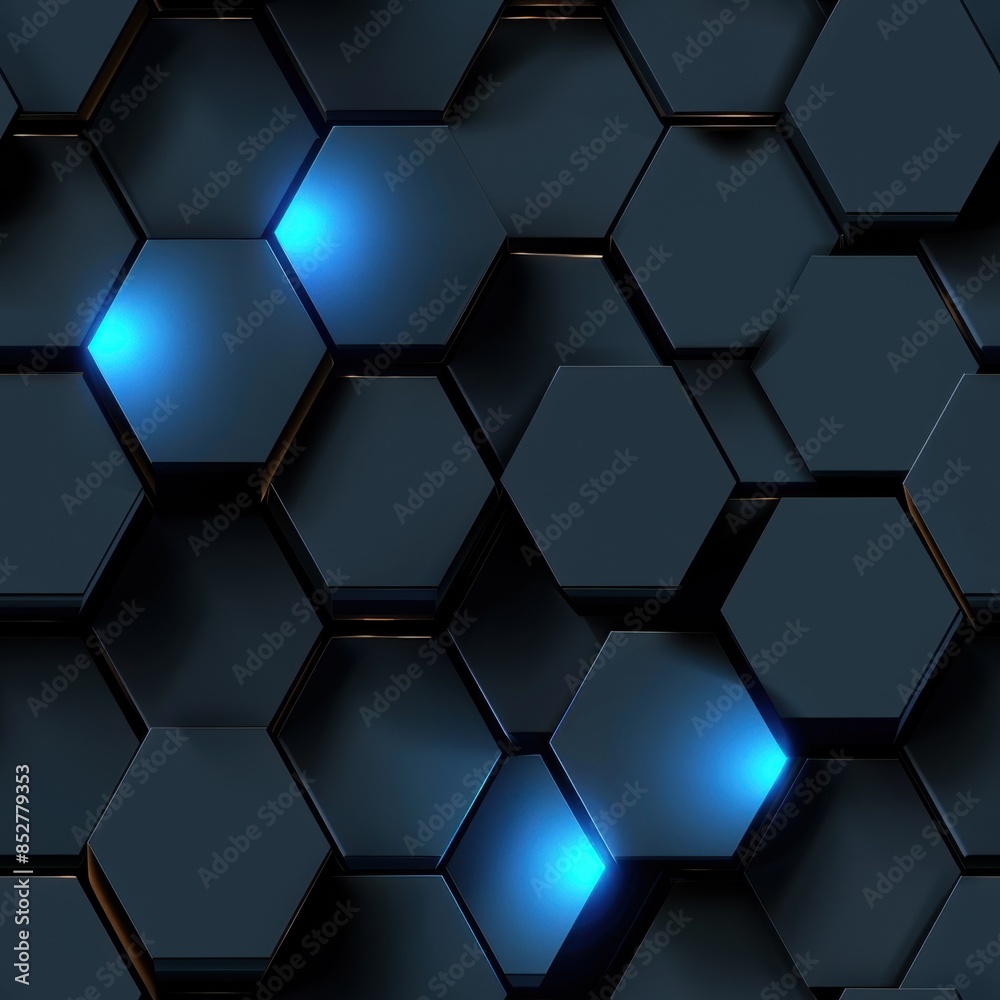 This image features a close-up of a geometric pattern made up of dark blue hexagons with bright blue lights emanating from several of the hexagons. The hexagons appear to be three-dimensional and are This image features a close-up of a geometric pattern made up of dark blue hexagons with bright blue lights emanating from several of the hexagons. The hexagons appear to be three-dimensional and are