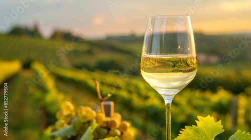 White wine in. a glass front of vineyard
