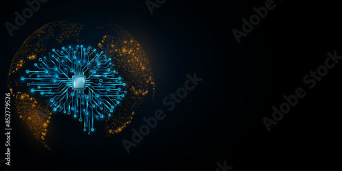 Futuristic AI brain with cpu board on the background of world map. Artificial intelligence analyzes global data. Technology background. Vector illustration. EPS 10