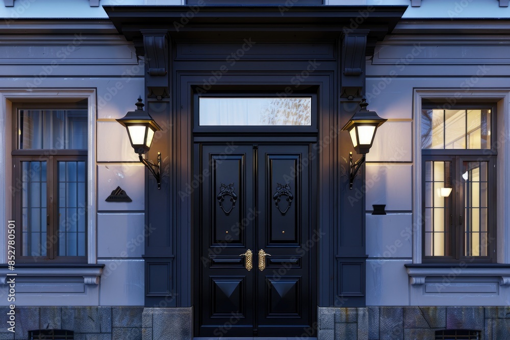 Naklejka premium Front doors exterior with a wall lamps