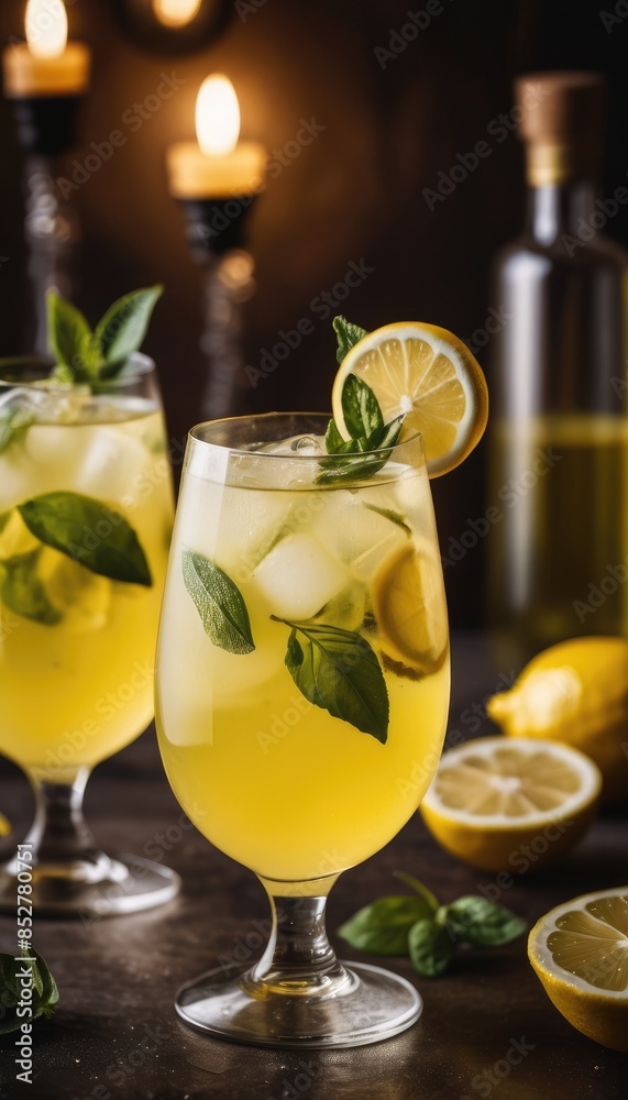 Fototapeta premium Lemonade with ice and lemon slices served in a wine glass, capturing the essence of summer relaxation and refreshment