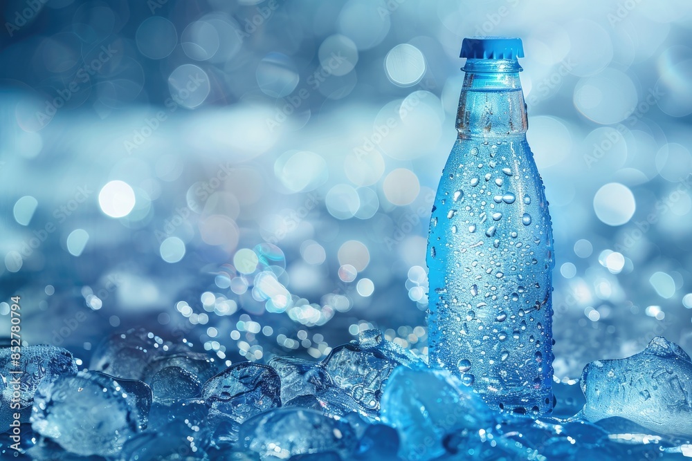 Cold bottle of cold drink over ice cubes. Food and drink background. Cold bottle of cold drink over ice cubes. Food and drink background.