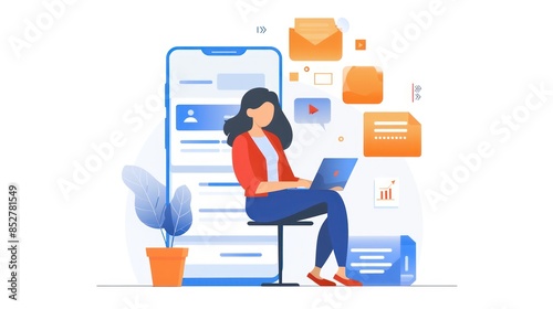 Business woman flies on a pencil and holds a laptop. Concept education, design for bloggers, journalists, interviewer, copywriters. Flat style vector illustration.