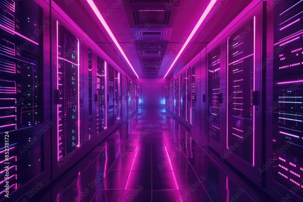 High-tech bright data center with computers and lights.