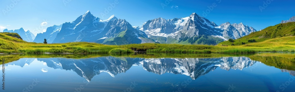 A panoramic view of the Swiss Alps with snow-capped peaks and green meadows surrounding a lake. The majestic mountains are reflected in the clear water, creating a stunning and serene landscape. A panoramic view of the Swiss Alps with snow-capped peaks and green meadows surrounding a lake. The majestic mountains are reflected in the clear water, creating a stunning and serene landscape.