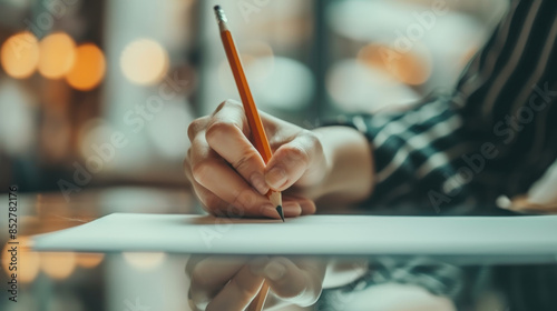 student hand writing with pencil on side view