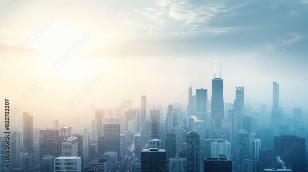 Fototapeta premium Skyline showing several prominent buildings and hotels under a blue sky