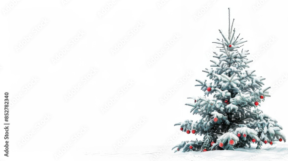 A snow-covered Christmas tree stands in a snowy field, decorated with red ornaments. The tree is the focal point of the image, and the white background gives a sense of winter wonderland. The image ev A snow-covered Christmas tree stands in a snowy field, decorated with red ornaments. The tree is the focal point of the image, and the white background gives a sense of winter wonderland. The image ev
