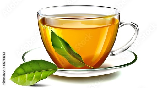 A cup of green tea with fresh leaves on a white background. Perfect for health, wellness, and beverage concepts. A realistic and inviting image ideal for food and drink stock photos. AI