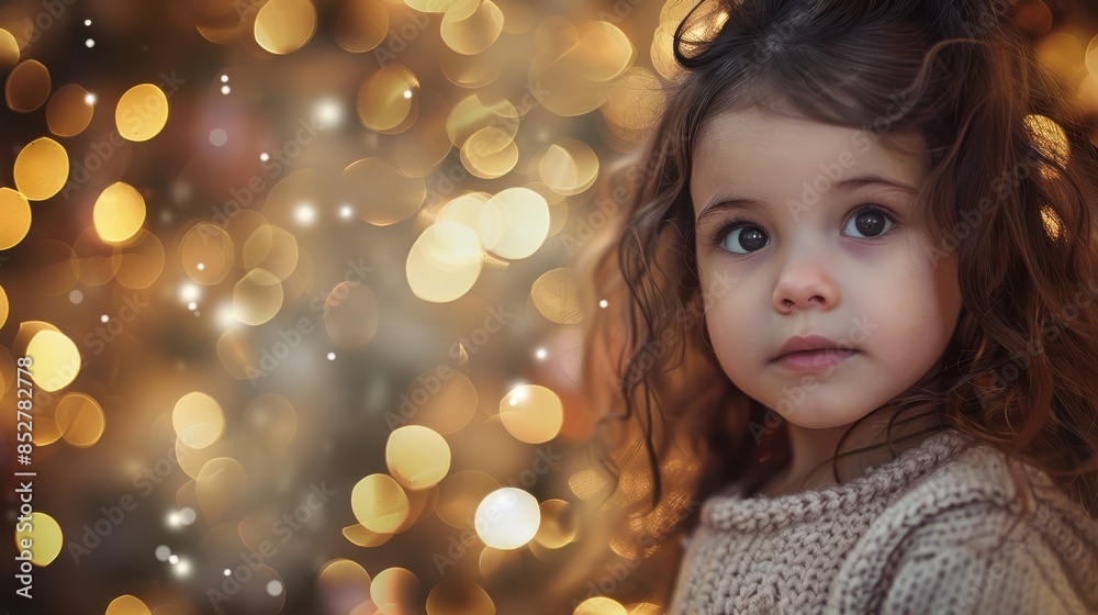 This image shows a young girl with long, curly brown hair looking at a background of out-of-focus Christmas lights. She is wearing a tan sweater. This image shows a young girl with long, curly brown hair looking at a background of out-of-focus Christmas lights. She is wearing a tan sweater.