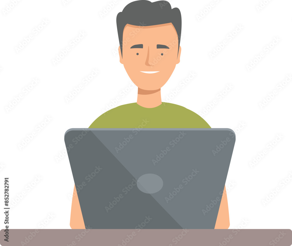 Young man working on laptop, sitting at desk, smiling and looking at screen Young man working on laptop, sitting at desk, smiling and looking at screen