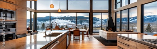 A large, open kitchen with a view of the mountains. The kitchen is equipped with a sink, stove, and oven. The living room has a fireplace and a couch. The dining room has a table and chairs photo