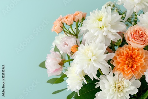 Close up of white and orange chrysanthemums, pink roses, and green leaves in a bouquet on a pastel mint background.