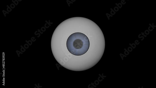 3D animation of an eye moving around with a blue retina on a black background