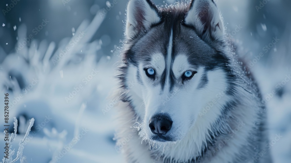 A dog with blue eyes is standing in the snow. The dog is looking at the camera. The image has a calm and peaceful mood A dog with blue eyes is standing in the snow. The dog is looking at the camera. The image has a calm and peaceful mood