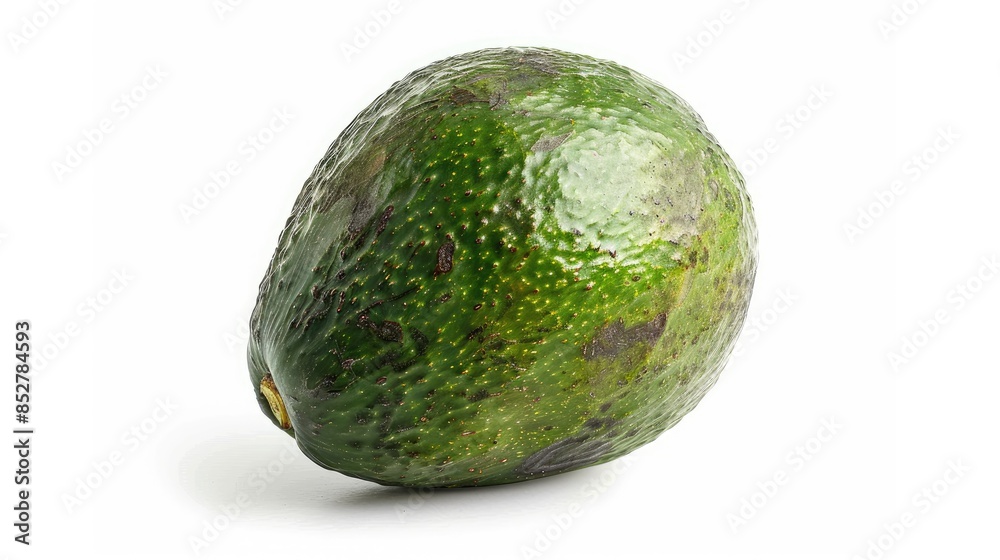 A single green avocado on a white background in a close up shot A single green avocado on a white background in a close up shot