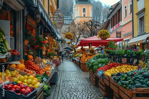 A bustling European street market, filled with colorful stalls selling fresh produce, flowers, and local crafts, with cobblestone streets and historic buildings in the background. 