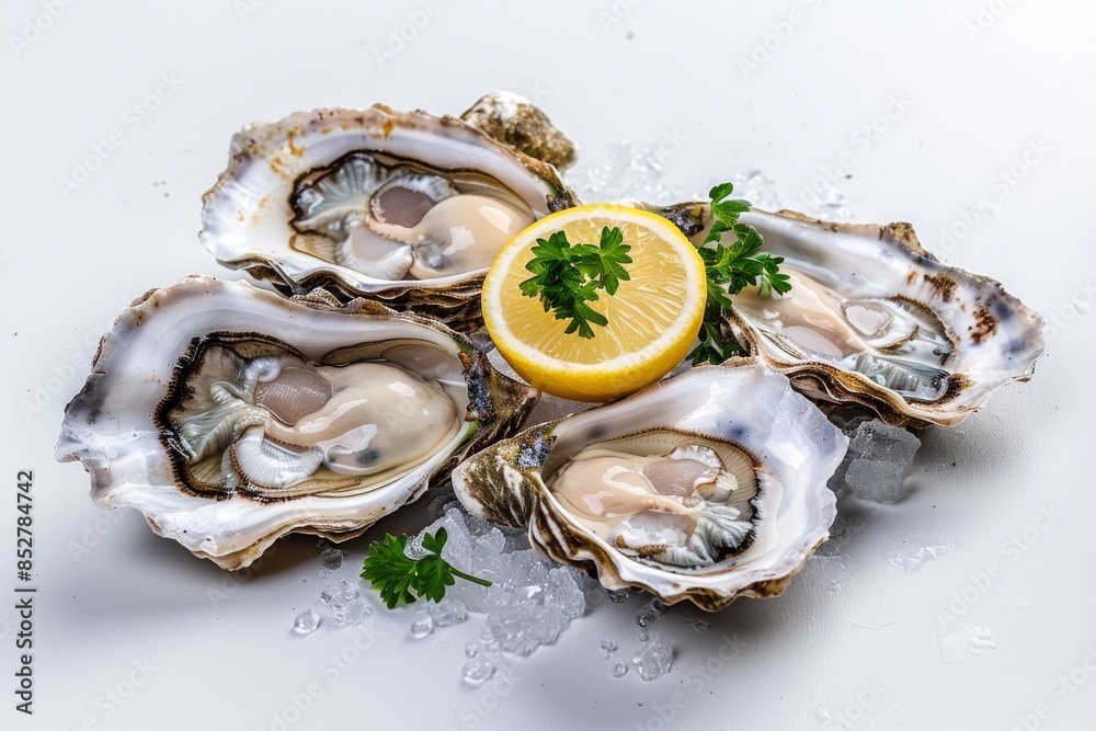 Fresh oysters presented as the centerpiece on a clean white backdrop Fresh oysters presented as the centerpiece on a clean white backdrop