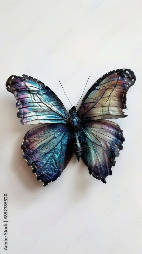 Fototapeta premium A butterfly with a blue and purple body and wings. The butterfly is sitting on a white background