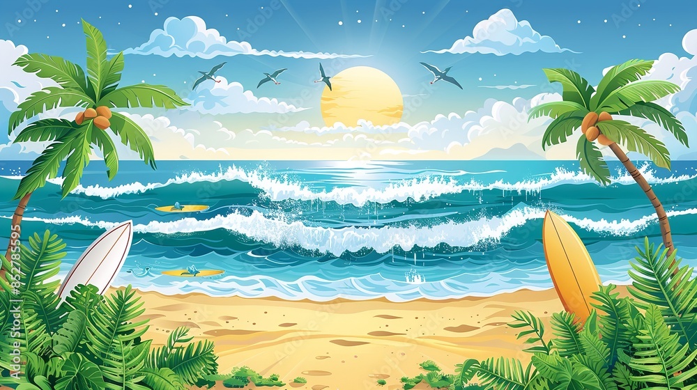 Obraz premium A digital illustration of a tropical beach scene with palm trees, surfboards, and a setting sun