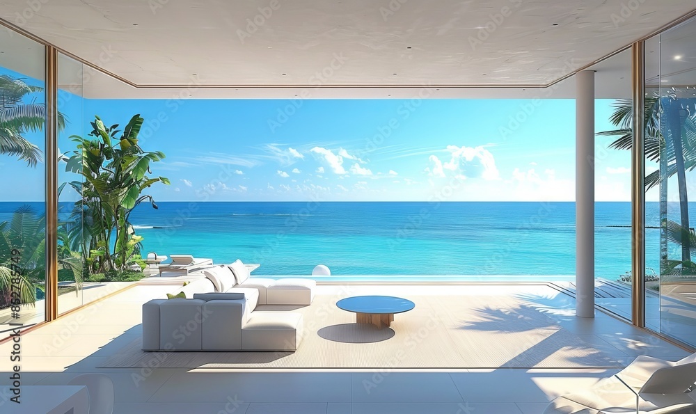 Fototapeta premium Sleek beach house with floor-to-ceiling windows.
