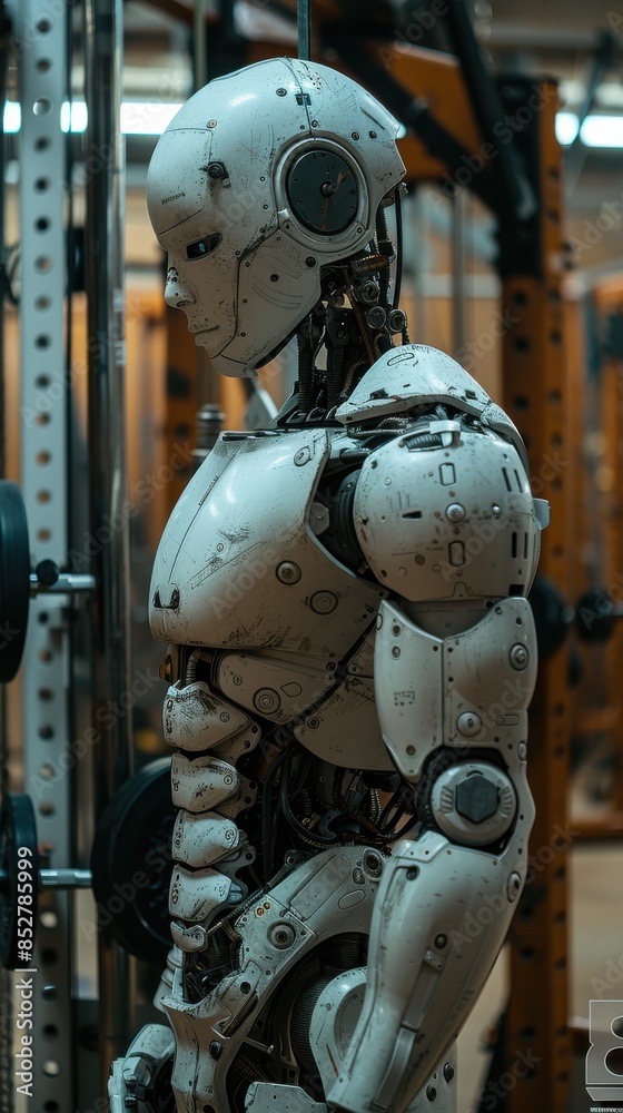 A robot with a white body and a black head stands in a gym. The robot is made of metal and has a robotic arm. The robot is in a gym setting A robot with a white body and a black head stands in a gym. The robot is made of metal and has a robotic arm. The robot is in a gym setting