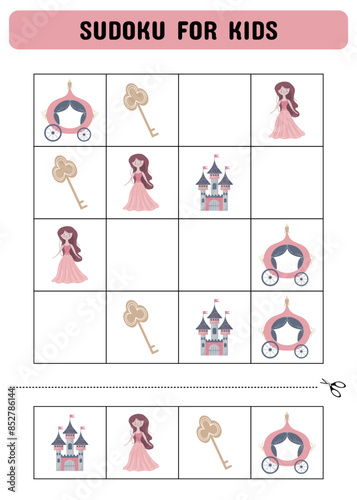 Sudoku for children with princess, castle and carriage. Kids activity sheet .Fun sudoku puzzle with princess, castle and carriage illustration. Children educational activity worksheet.