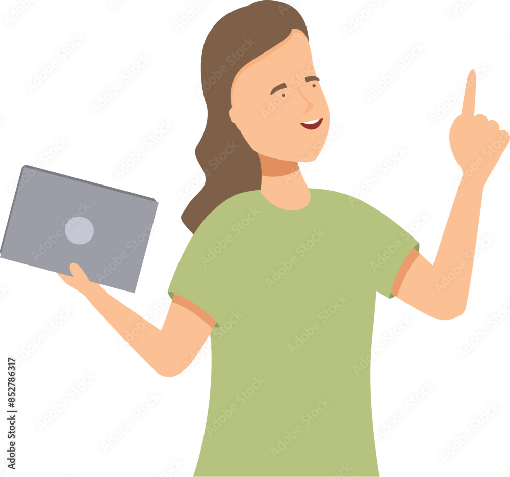 Young woman is holding a laptop and pointing her finger up, having an idea Young woman is holding a laptop and pointing her finger up, having an idea