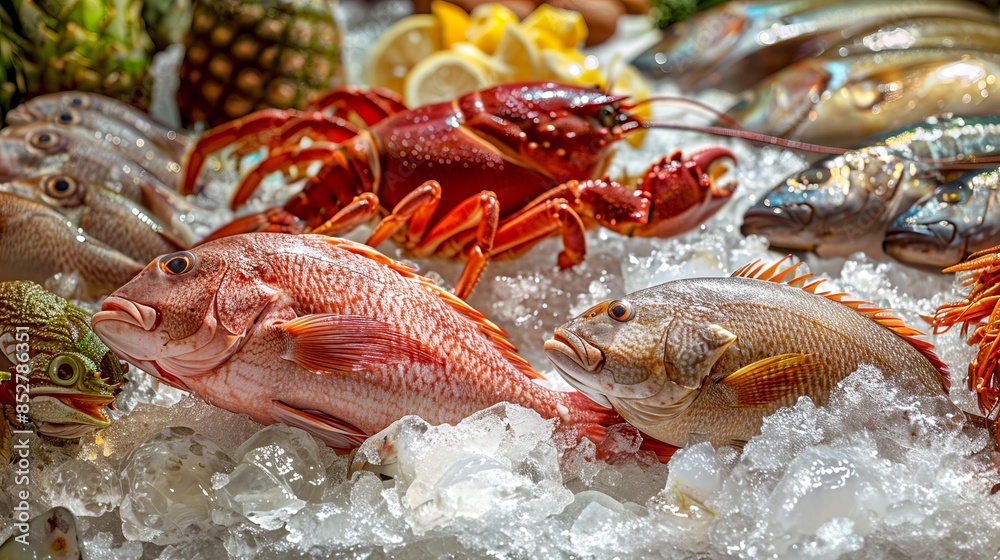 Fresh seafood assortment on ice with fish and lobster. Vibrant display for culinary or seafood stock photos. High-quality image perfect for market, restaurant, or culinary use. AI Fresh seafood assortment on ice with fish and lobster. Vibrant display for culinary or seafood stock photos. High-quality image perfect for market, restaurant, or culinary use. AI