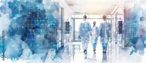 Medical professionals walking in hospital corridor with abstract blue technology and healthcare overlay background.