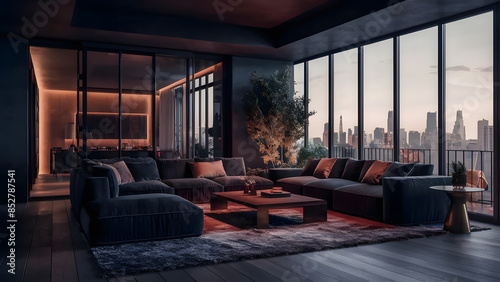 Stylish cinematic living room interior with comfortable dark sofa